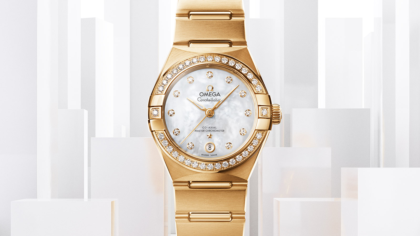 The gold replica watches have white mother-of-pearl dials.
