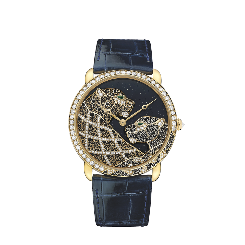 Cartier D'Art Filigree Panthers Décor Blue Leather Strap Watch